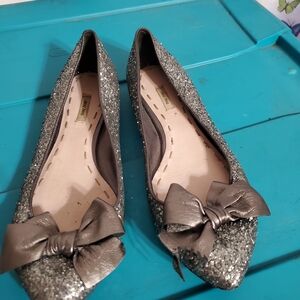 Miu Miu Silver Glitter Flats with Bow